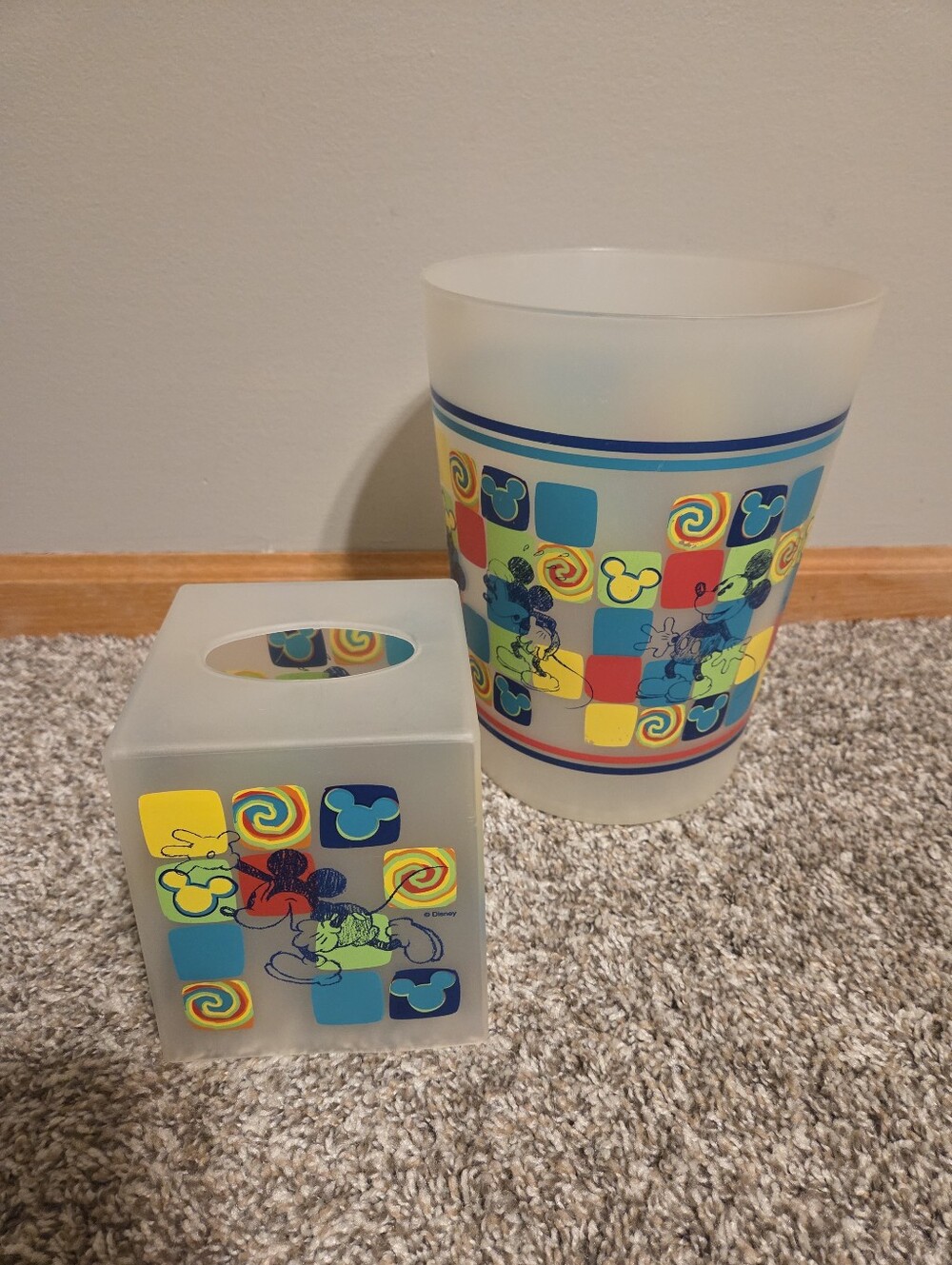 Vintage Disney Mickey Mouse Frosted Plastic Wastebasket & Tissue Box Cover Set